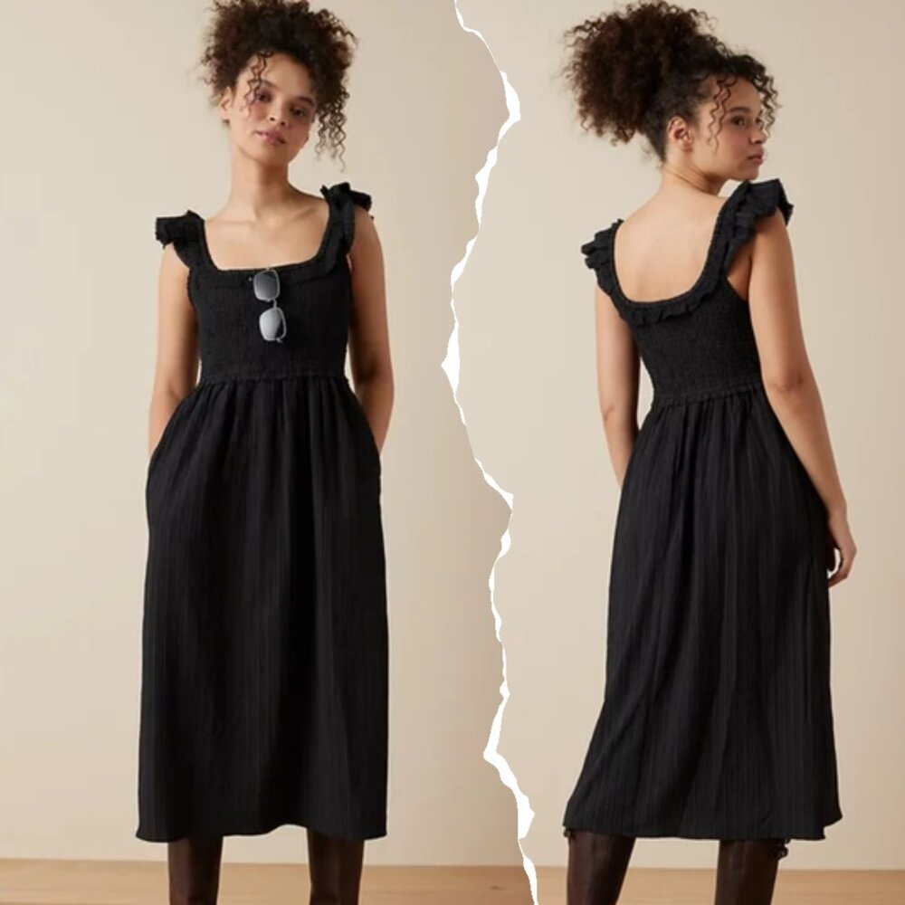 AE Flutter Sleeve Smocked Midi Dress, XL, Black